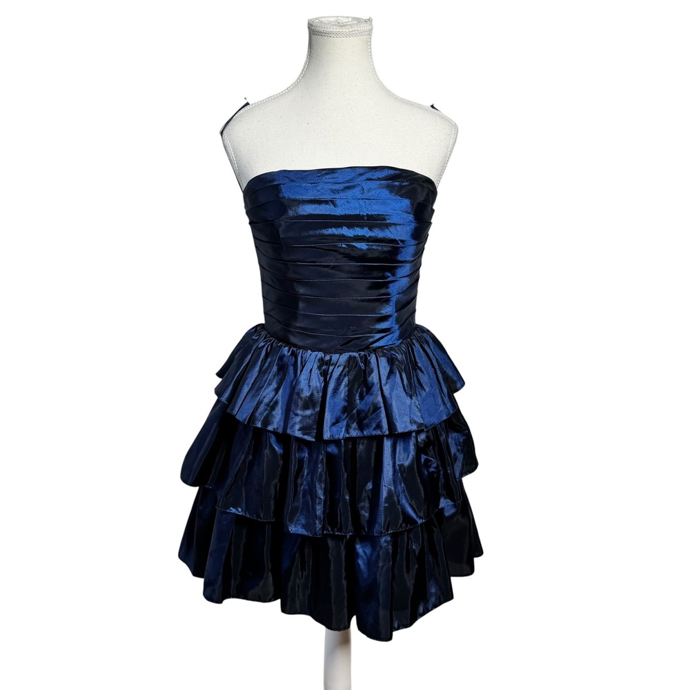 Stacees Navy Blue Strapless Tiered Ruffle Cocktail Dress Metallic Mini Prom